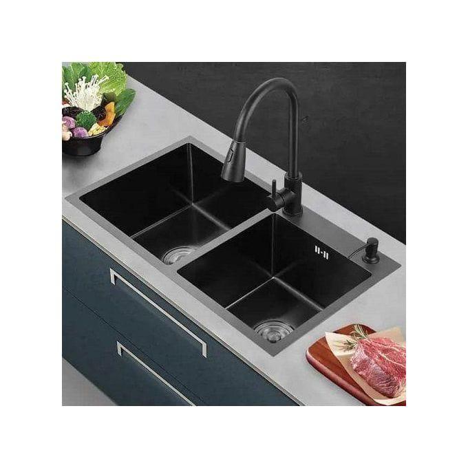 Matte Black Stainless Steel Double Bowl Kitchen Sink Set
