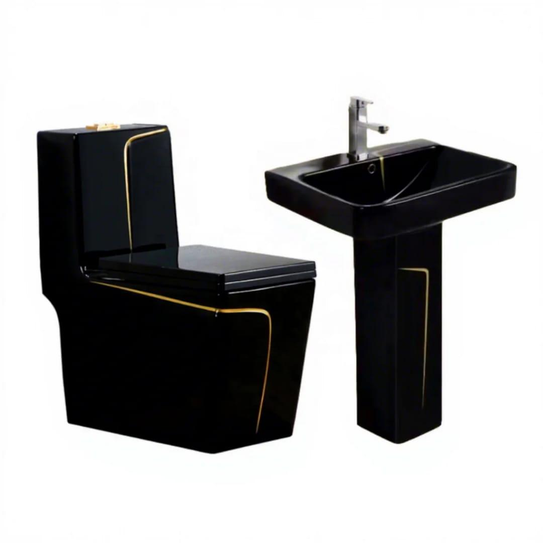 Luxury Gloss Black & Gold Accent Water Closet & Pedestal Sink Set