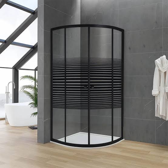 Matte Black Curved Shower Enclosure with Striped Privacy Glass