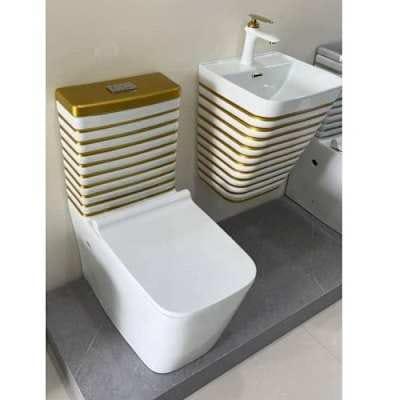Modern Fluted One-Piece Toilet & Wall-Hung Basin Set (White & Gold)