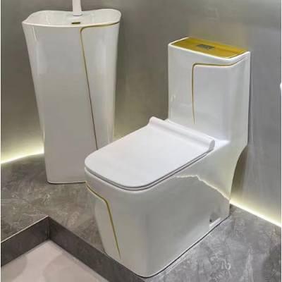 Luxury Gold-Line Freestanding Pedestal Basin & One-Piece Water Closet Set