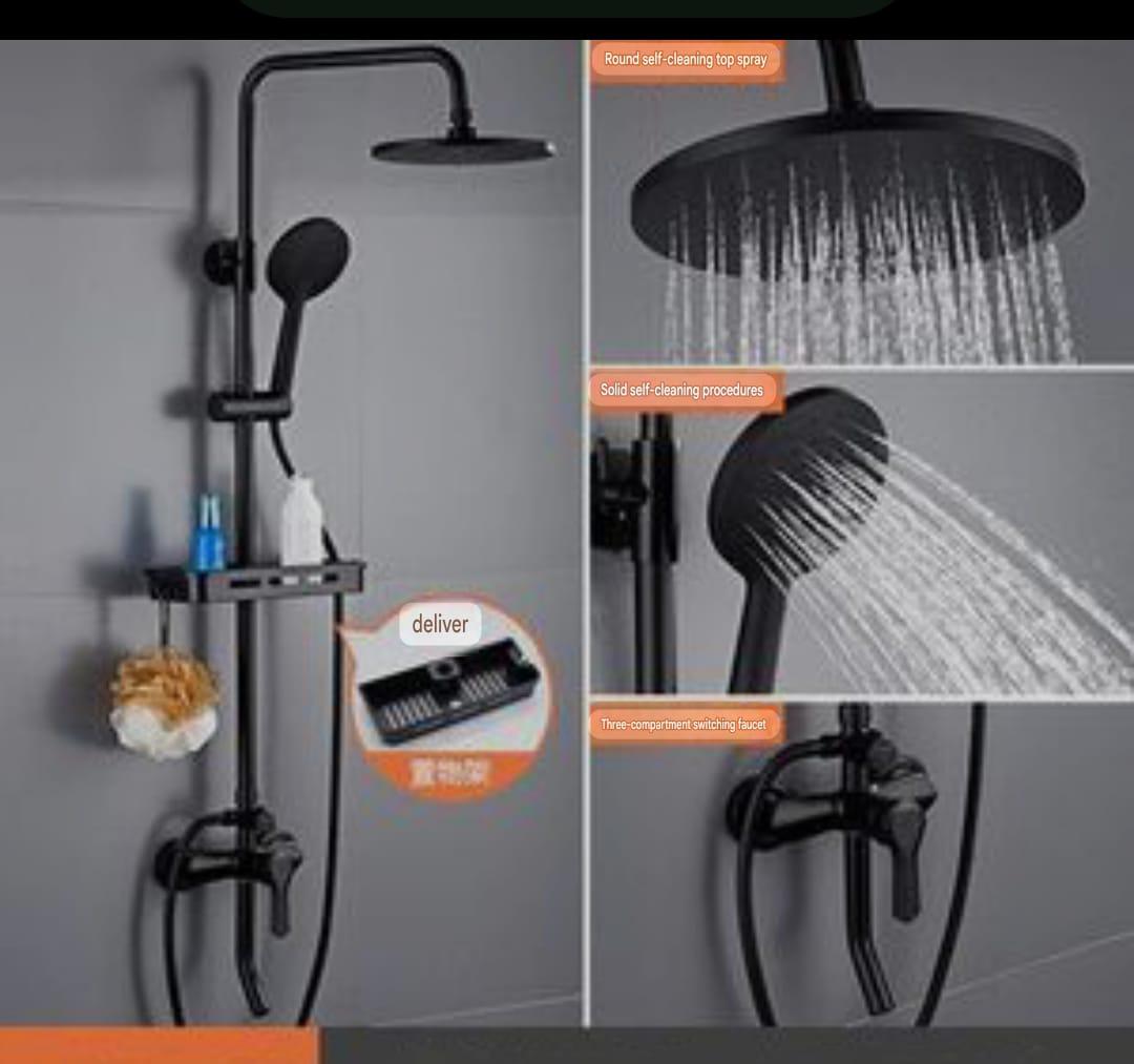 KingsHome Exposed Round Rainfall Shower Set with Storage Caddy (Matte Black)