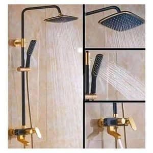 KingsHome Exposed Square Rainfall Shower & Tub Mixer Set (Matte Black & Gold)