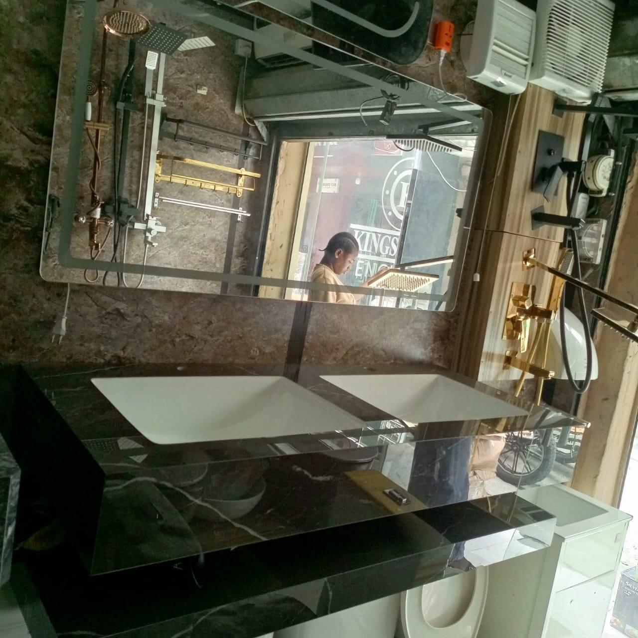 Kingshome Double-Basin Porcelain Wall-Hung Vanity Suite with 3-Color LED Smart Mirror (Black Marble Finish)
