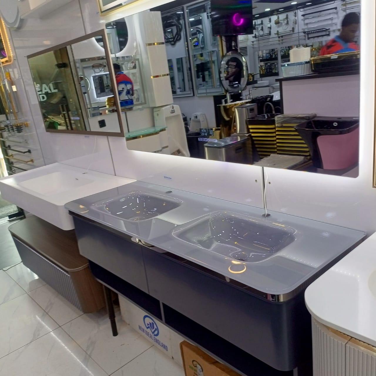Kingshome Modern Double-Basin Vanity Suite with Tinted Glass Countertop & LED Mirror