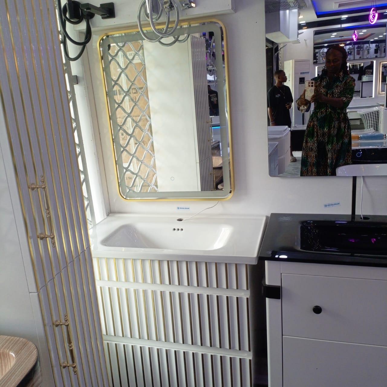 Kingshome Fluted White & Gold Vanity Cabinet Suite with Gold-Framed LED Smart Mirror