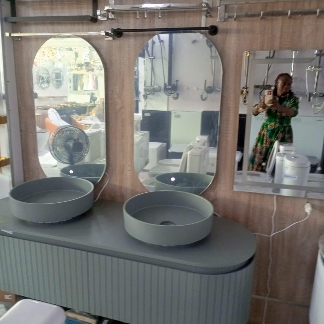 Kingshome Sage Green Double-Basin Fluted Vanity Suite with Dual Pill Mirrors