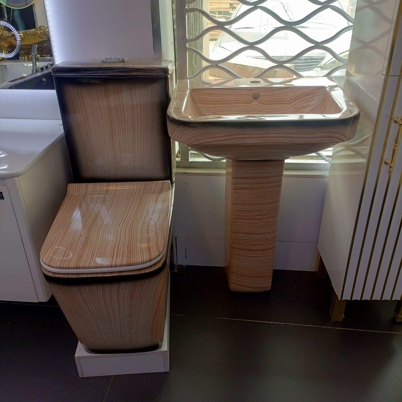 Kingshome Modern Wooden Grain Pattern Water Closet & Pedestal Basin Suite